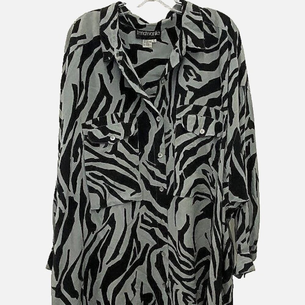 Oversized Silk Shirt Zebra Grey Black Blouse Top L/XL nos Vintage FrenchVanilla